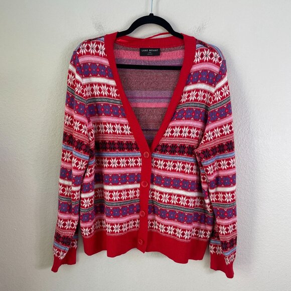 Lane Bryant Womens Plus 18/20 Cardigan Sweater Red Fair Isle Cotton Blend Knit - Picture 8 of 11